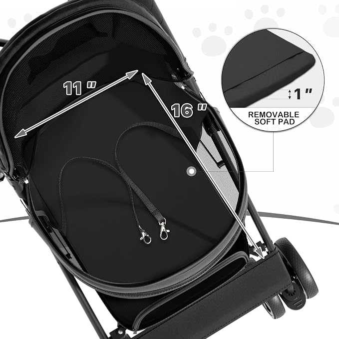 MoNiBloom Pet Stroller for Small/Medium Dogs and Cats up to 22 lbs, Black | Foladble 4 Wheels Easy-Fold Puppy Cage Jogger Stroller with Sun Cover, Pad and Rear Storage Bag, Breathable and Visible Mesh
