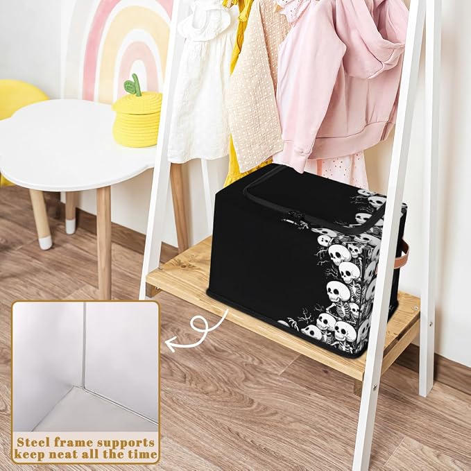 Skeleton Storage Bins With Zipper Lid, Collapsible Trunk Organizer, Car Organizers and Storage Bins with Lids, Halloween Decorative Storage Boxes with Handle, Home Storage Baskets for Organizing