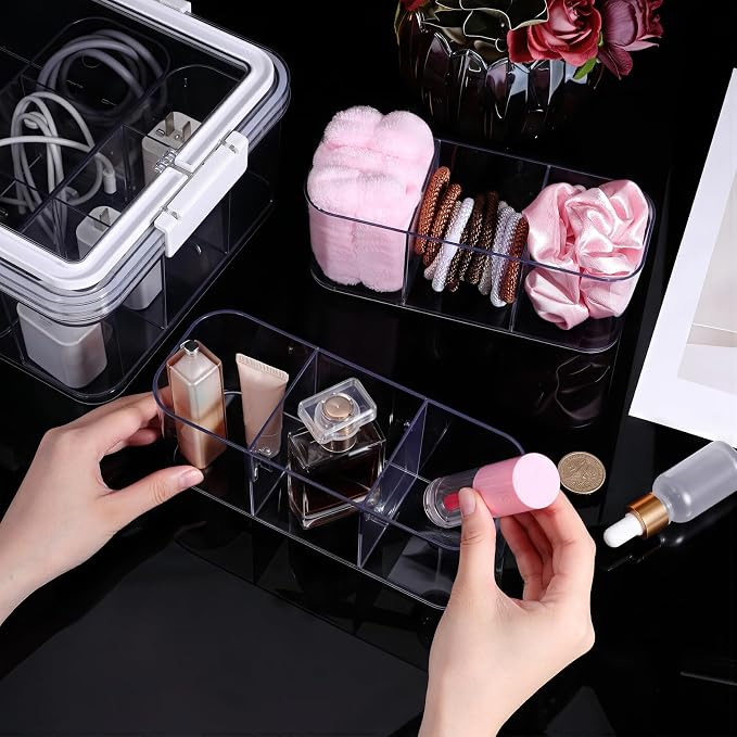 Large Cable Storage Box with Lid Clear Power Cords Organizer 4 Adjustable Dividers Case Desktop Cable Management Box for Home Office Phone Charger Art Crafts Stationery (White)
