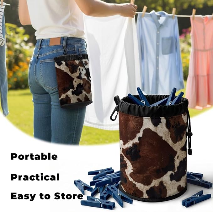 Drawstring Clothespin Bag, Brown Leopard Print Laundry Clip Organizer Pouch with Metal Grommet Hanging Loop, Portable Storage for Washing Pegs, Camping, Dorm, RV