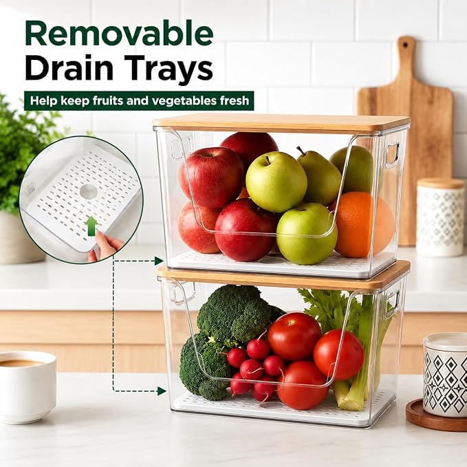 2 Set Pantry organizers and Storage,Trash Bag Holder Under sink Organizer for 4-13 Gal Bags,Trash Bag Dispenser with Bamboo Lids and Stackable Clear Bins for Potato, Onion, Garlic, Fruit, Vegetables