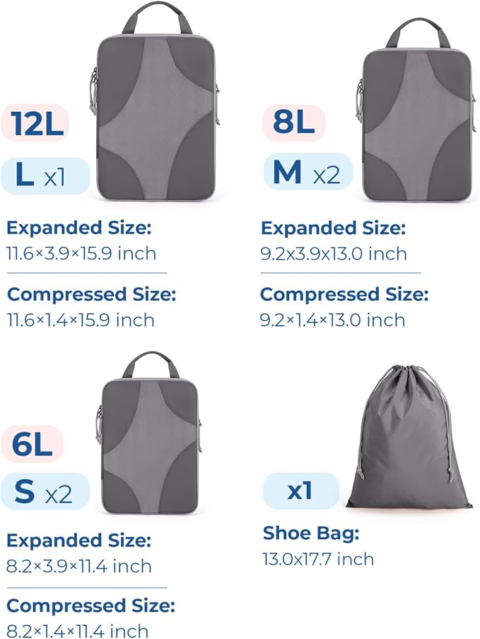 Bagsmart Compression Packing Cubes, Travel Bag Cruise Ship Essentials | Lightweight, Compressible Suitcase Organizer Set fit Standard Carry-On & Checked Luggage, 6 Set, 14 Set Washable Packing Bags