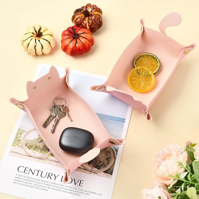 Craftdady 4 PCS Leather Valet Tray Foldable Pink Cat-Shaped Catchall Tray