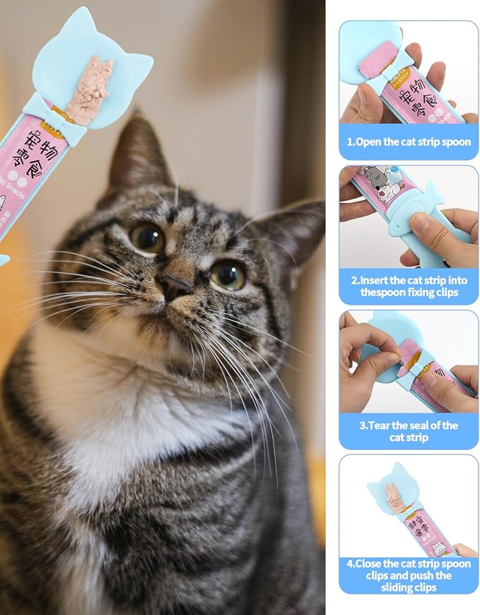 5 PCS Cat Food Can Covers Lids Set, Silicone Pet Food Can Lids with Multi-Function Cat Food Spoon and Opener, Cat Bar Squeezer, Stainless Steel Wet Food Spoon for Cats and Dogs (Blue)