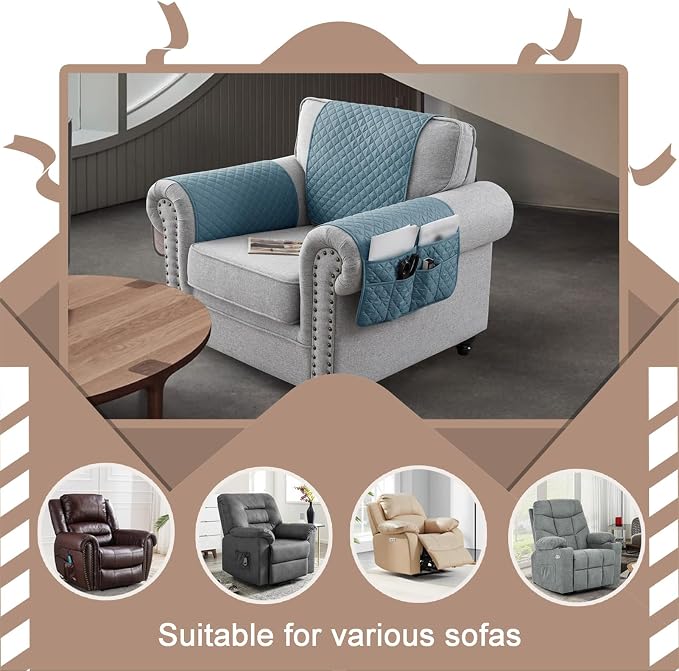Water-Resistant Sofa Armrest and Headrest Covers with Side Pocket | Keep remotes close quilted polyester helps guard against wear, pet scratches, and kids' messes silicone backing adds grip