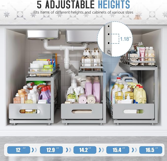 Under Sink Organizer Upgrade To Professional Rails,2-Tier Dual Pull Out Cabinet Storage,Height Adjustable Slide Out Drawers For Bathroom Kitchen,2 Pack-21"Dx12.8"-16.9"H,Gun Gray