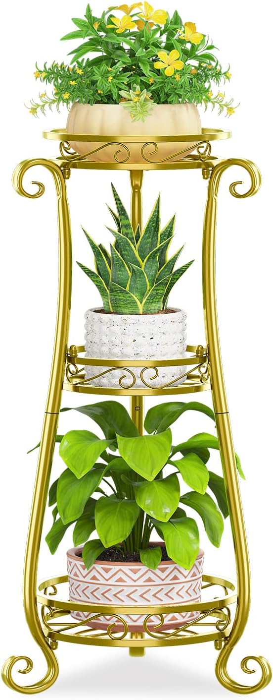 KMOTASUO 3 Tier Metal Plant Stand Tall for Indoor Outdoor Corner, Gold | Heavy Duty Flower Holder Rack, Modern Vertical Iron Shelf for Patio Bathroom Office Garden