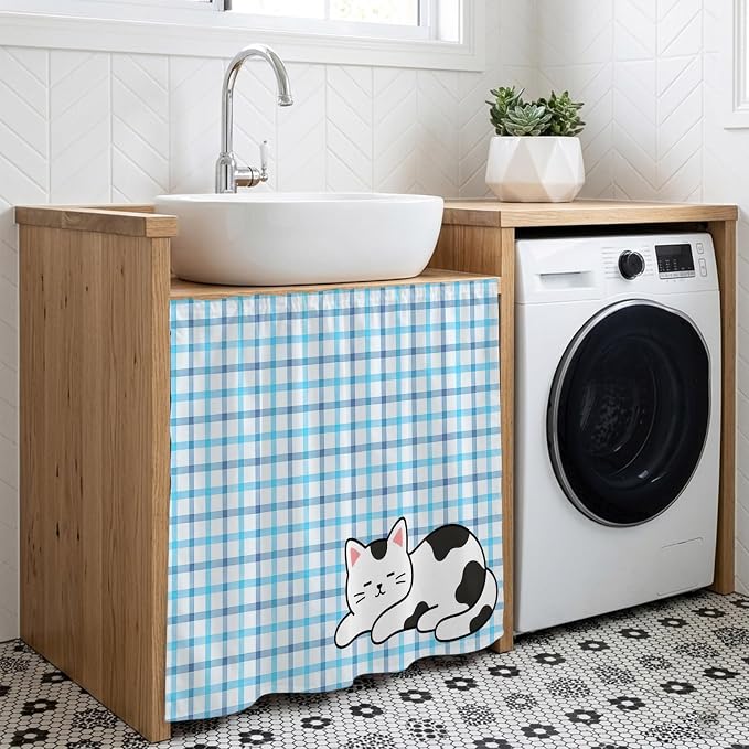 Cute Cat Cabinet Dishwasher Hidden Curtains, Privacy Closet Door Curtain, Blue Purple Checked Modern Pet Cats Rustic Adhesive Dust Proof Under Sink Skirt for Bathroom Kitchen 35"x35"