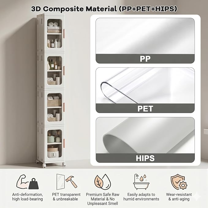 4-Tier Tall Narrow Plastic Storage Cabinet of 2, Foldable | Rolling Organizer with Lid,Doors,Stackable, Adjustable Shelves, Durable PP,Freestanding Bathroom Cabinet for Small Slim Space