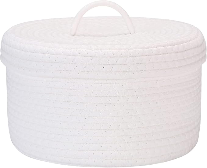 Sea Team Round Storage Basket, Woven Cotton Rope Basket with Lid, White | Decorative Knitted Storage Bin, Multi-Purpose Lidded Organizer for Closet Shelves, Nursery and Household Storage