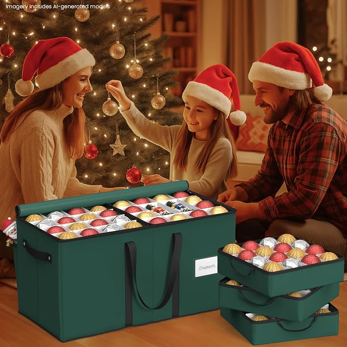 Sunvigor Christmas Ornament Storage Box with 8 Trays, Fits 128 Holiday Ornament Christmas Storage Container with Adjustable Dividers, Dual Zipper, 600D Oxford Christmas Decorations Storage(Deep Green)