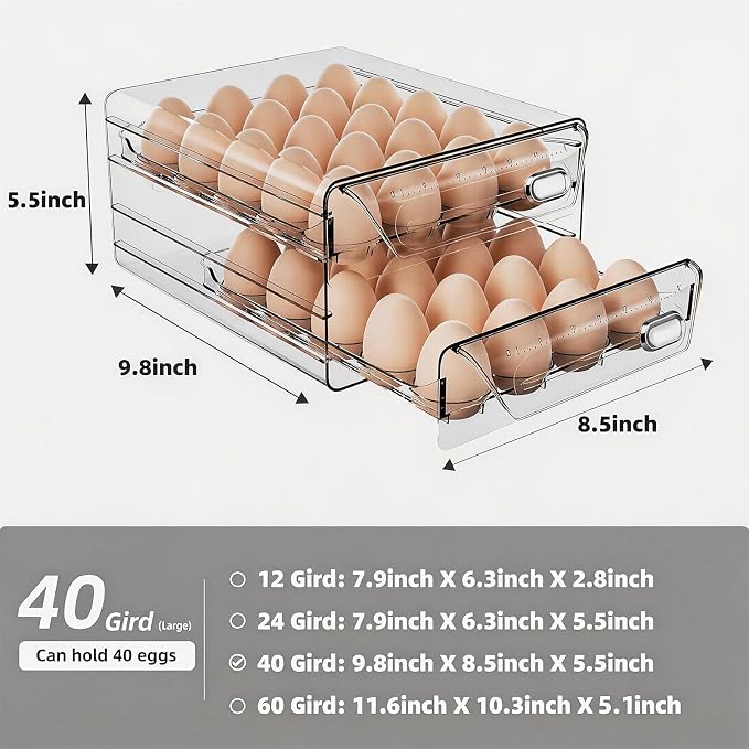 HIYOHIYO Clear 40 Grid Egg Holder for Fridge, with Drawers, 2-Tier | with Time Scale Marking | Large Capacity | Stackable | Sturdy Eggs Container for Refrigerator and Countertop