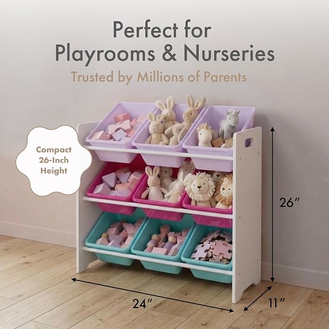 Humble Crew Kids Toy Organizer with 9 Bins, 3 Tier Storage for Playroom | Sturdy wood and steel toddler shelf, removable BPA-free containers, wall anchor anti-tip safety kit for bedroom or classroom