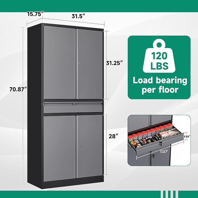 Metal Garage Storage Cabinet with Drawer,4 Door Tool Cabinet with Lock-2 Adjustable Shelves for Garage Home Office Utility Room (Black & Gray)
