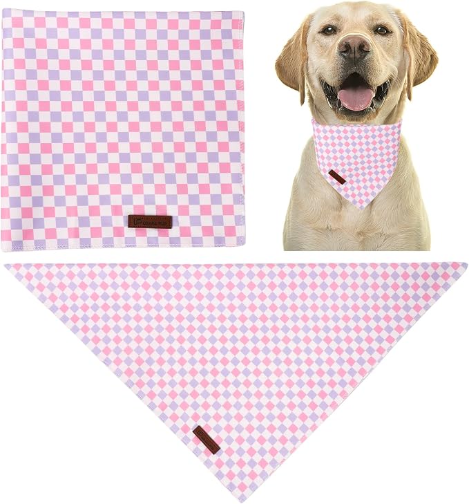 Purple Pink Checkered Dog Bandana, Spring Summer Plaid Puppy Bandana for Girl Female Dogs, Soft Cotton Pet Triangle Bid Scarf Kerchief for Girl Boy Dogs or Cats