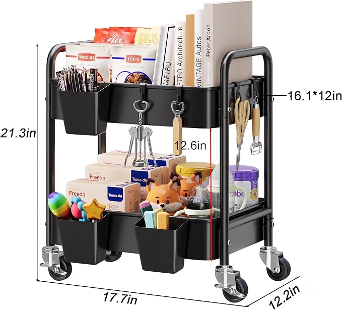 2 Tier Small Rolling Cart Metal with Wheels, Black Under Desk Storage Carts on Wheels, Short Utility Roller Shelf Trolley Organizer for Pantry, Kitchen, Office, Two Tiered Mobile Side Table, 22in Tall