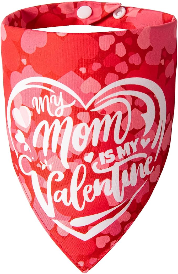 My Mom is My Valentine Dog Bandanas for Valentines Day Reversible 2-in-1 Cute Lettering & Red Heart Pattern Holiday Costume Pet Scarf with Snap Button for Small & Medium Breeds (5-30lbs)
