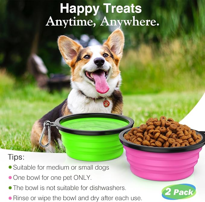 Pawaboo Collapsible Travel Dog Bowls 2 Pack with Lids&Carabiners Silicone | Feeding Watering Bowls for Dogs Cats, Collapsable Water Feeder Food Bowl for Walking Traveling Home Use, Pink + Green