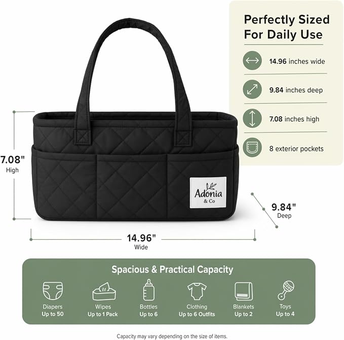 Adonia & Co Diaper Caddy Organizer – Baby Essentials Organizer, Large Nursery Storage Basket with Removable Divider, 8 Exterior Pockets, Portable, Machine Washable, Structured Design, Black