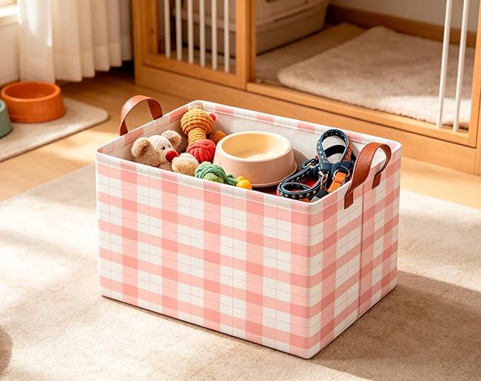 CLOCOR Rectangular Storage Basket,Collapsible Storage Bin,Waterproof Books Box with Handles,Gift Basket(Pink Grid)