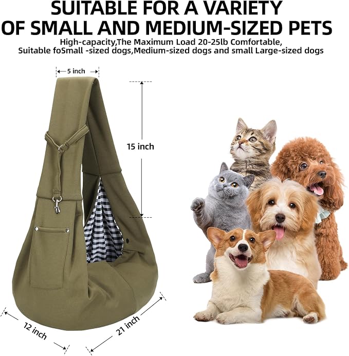 ARZQUT Dog and Cats Carrier Sling, Small Pet Carrier with Storage Pocket | Reversible Puppy Sling Carrier, Safety Buckle, Storage bag, Machine Washable for Travel, Outdoor Activitie, Hand-Free, Green