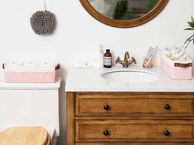 StorageWorks Narrow Fabric Storage Bins, Pink and White, 2-Pack | With Metal Frame, Sturdy Structure, Reinforced Handles, Toilet Paper Storage, Small Storage Bins for Bathroom, Closet, Shelf