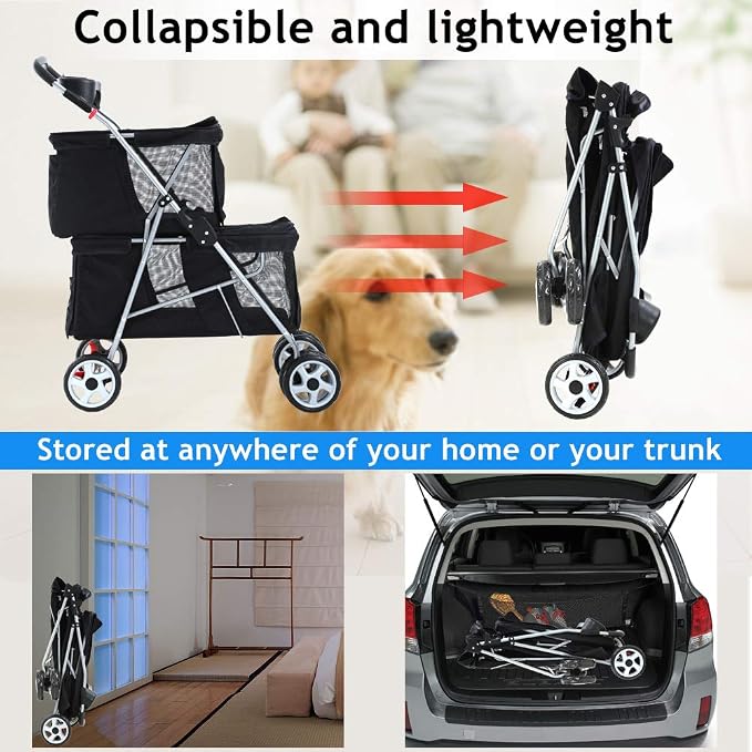Double Dog Stroller Pet Stroller Cat Stroller for Small Medium Dogs Cats 2 Doggie Puppy or Two Kitty 4 Wheels Folding Travel Carrier Cage with Cup Holders 35LBS Capacity Pet Jogger Strolling Cart
