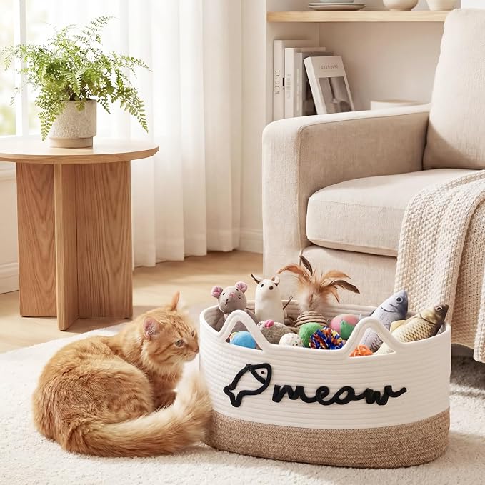 Cat Toy Basket with Cat Ear Handles, 19.5 x 11 x 9 in Woven Cats Toy Bin, Large Two-tone Cotton Rope Storage Box, Meow Words Organizer for Toys, Blankets, Home Decor (White, Linen)