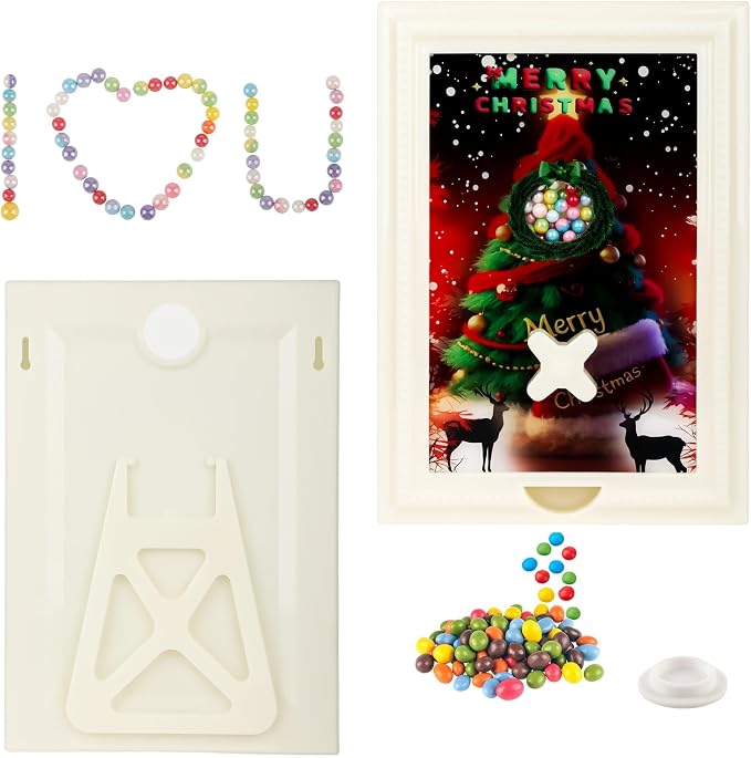 Candy Dispenser Picture Frame, Wall-Mount & Tabletop Gumball Machine with Multiple Designs for Candy, Nuts, Treats, Interactive Home and Office Decor (Christmas Tree, Off-White)