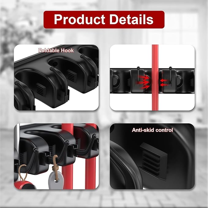 Broom Holder Wall Mount with Hooks & Slots, Wall Hanger for Home | Heavy Duty Mop Holder Wall Mount for Shovel, Rake Hang | Garage, Home Storage, Kitchen, Laundry & Shed