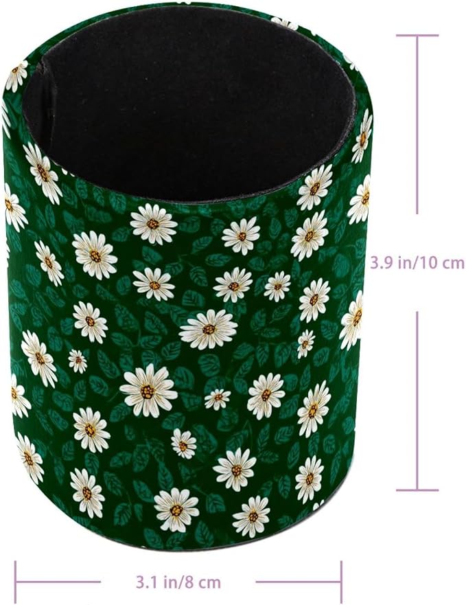 Faux Leather Pen Holder for Desk, Pencil Organizer Daisy Pen Cup Desk Decor Makeup Brush Holder Storage for Office Home