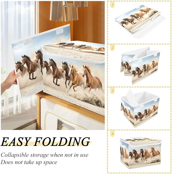 Running Horses Storage Bins with Lids Large Collapsible Storage Basket with Handles Cute Horse Foldable Fabric Storage Box Organizer for Clothes Closet Cabinet Home Office Bedroom
