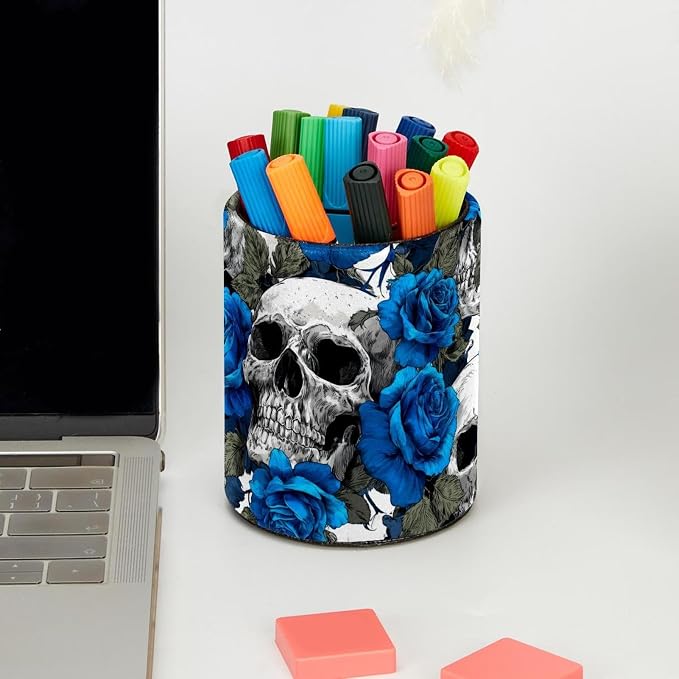Faux Leather Pen Holder for Desk, Pencil Organizer Skull Pen Cup Desk Decor Makeup Brush Holder Storage for Office Home