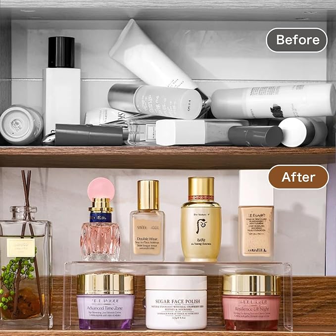 2 Pack Acrylic Medicine Cabinet Organizer, Narrow Bathroom Mirrior Cabinet Storage Shleves, Clear Acrylic Risers for Vanity, Kitchen & RV (11.34 x 2.95 x 3.66 in)