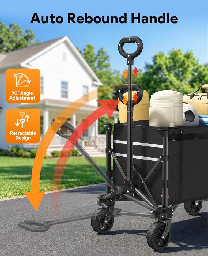 Collapsible Wagon with Wheels,120L Wagon Cart for Camping Groceries Beach | 220lbs Capacity Wagon Carts Foldablet,Smallest Folding Size,Lightweight Portable,Adjustable Handle,Transport long items