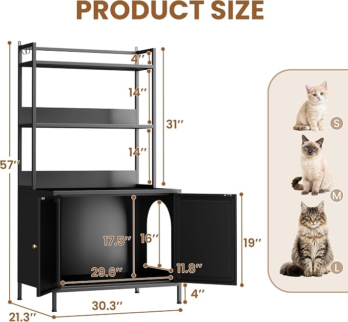 Cat Litter Box Enclosure with Shelves, Large Metal Pet House Washroom Dog Proof Furniture, Hidden Little Box Cabinet, Living Room Side End Table, Indoor Cat House, Assembly Required