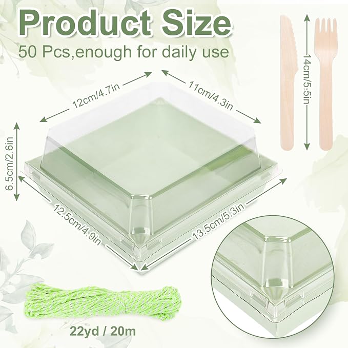 Whaline 50 Set Green Charcuterie Boxes with Clear Lids Forks Knives 4.7 x 4.3 In Clear Mini Dessert Disposable Food Containers Cake Take out Bakery Boxes for Wedding Birthday Sandwich Cookies Sushi