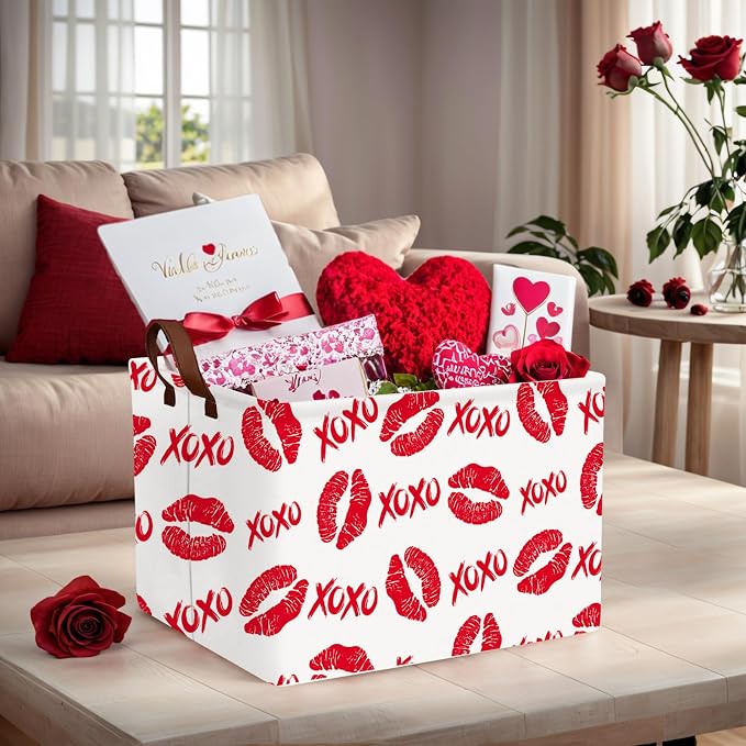 Valentine's Day Basket for Gifts Empty Cute Heart Large Gift Basket Decorative Storage Bin for Kid and Baby Room Décor (XOXO Red Lips)