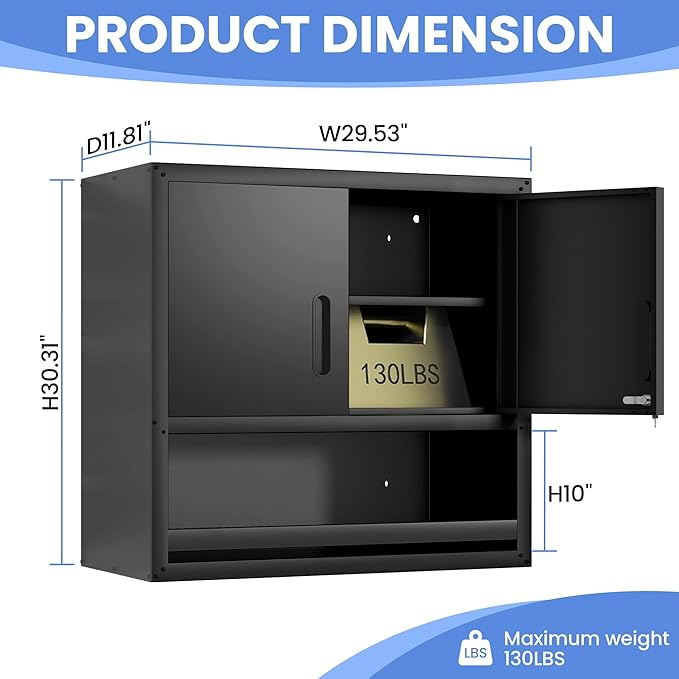Metal Storage Cabinet for Garage, Tool Cabinet, Utility Cabinet | Wall Mounted, Hanging Tool Cabinet, Lockable, 2 Doors, Open Storage Compartment, Assembly Required, Black