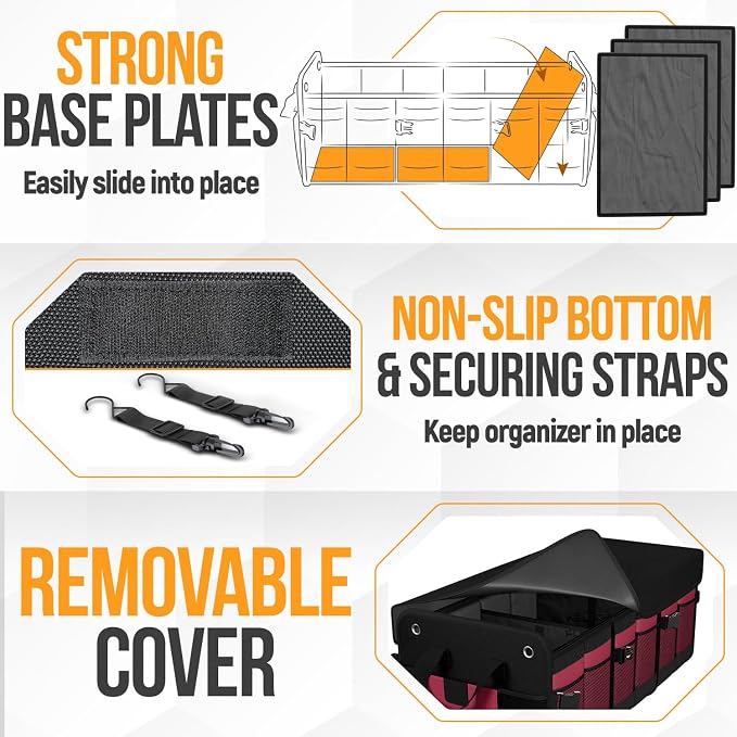 FORTEM Trunk Organizer - Collapsible Car Organizer & Storage Bag for SUVs | Car Accessories for Men & Women, Cooler Bag, Non Slip Bottom, Straps, Soft Cover, 1680D Oxford, 6 Compartments, Red, 110L