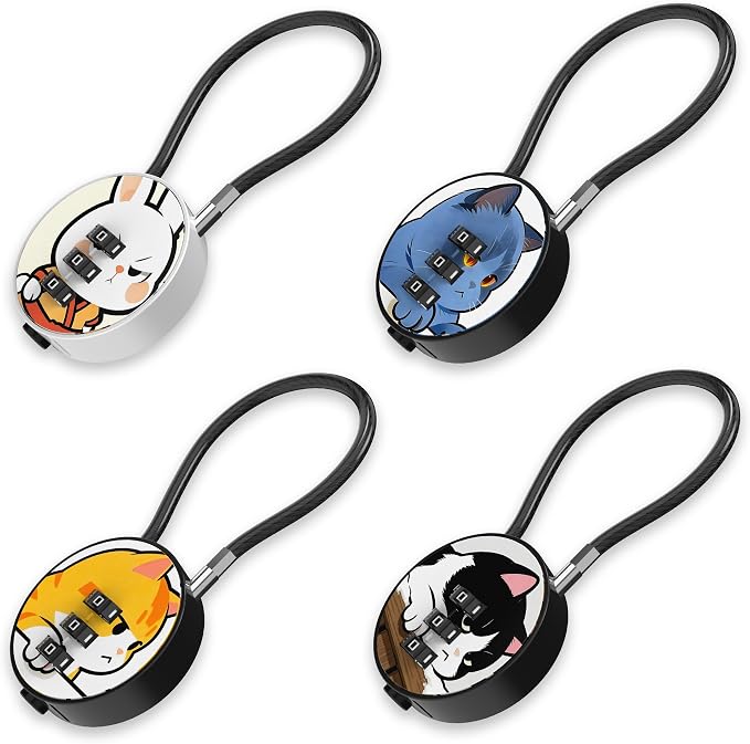 Small Combination Lock for Luggage, Gym Locker, Backpack Bag Zipper, Mini Combo Lock with Code, 5.12 Inch Steel Cable Padlock for Travel Suitcase (4-Cat&Rabbit, Cool)