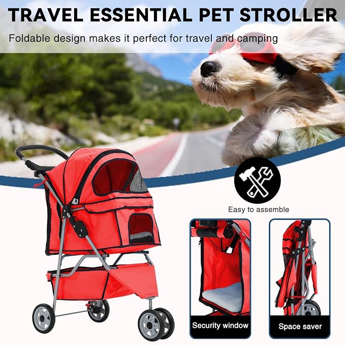 Redcat 3-Wheel Folding Dog & Cat Stroller - Waterproof, Cup Holder & Removable Liner, Medium & Small Pets