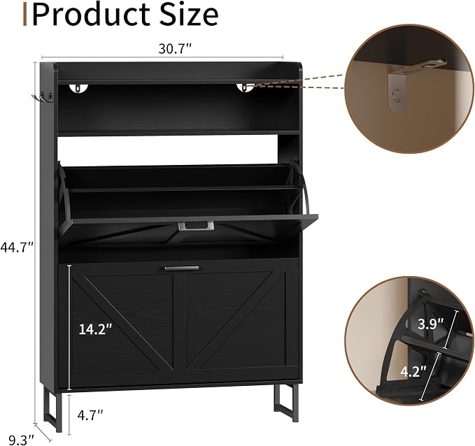 Xixini Shoe Storage Cabinet with 2 Flip Drawers, Entryway Shoe Rack, Black | Freestanding Narrow Shoe Storage, Hidden Slim Wood Shoe Organizer, Modern Farmhouse, Open Storage & Hooks for Closet, Hallway