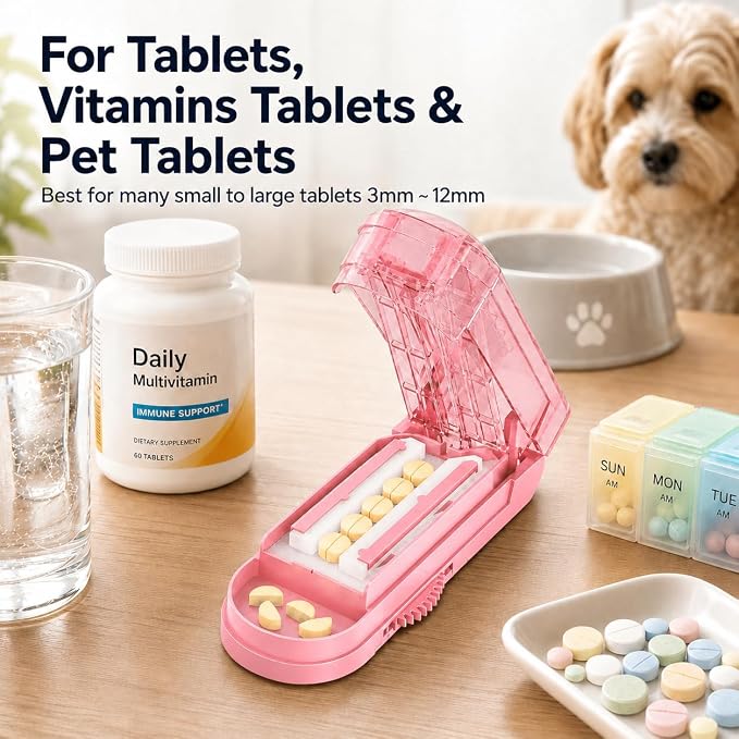 ONE PIX Pill Cutter Splitter for Small and Tiny Pills, Multiple Pill Splitter with Centering Device & Hidden Blade, Adjustable Tablet Cutter for Large Pills, Seniors, Pets, Pink