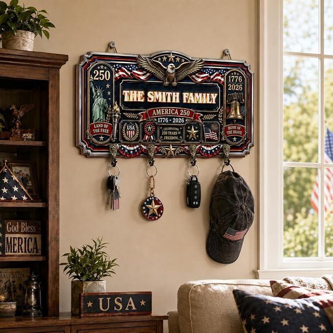 Personalized Key Holder Wall Mount, Custom USA 250th Anniversary Key Wall Hanger Organizer with Family Name, Keys Hanger Rack for Bags, Coats, Umbrellas, Keys Hooks for Entryway, Door, Bathroom