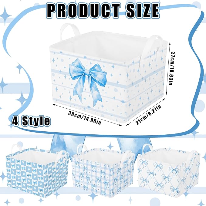4pcs 4 Pcs Blue Bow Storage Basket for Gifts Collapsible Girls Coqutte Blue Storage Bins with Handle Cute Preppy Foldable Laundry Organizer for Home Bathroom Bedrooms Baby Clothes Toys Books