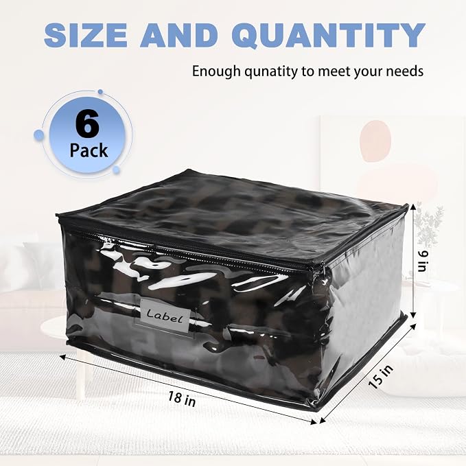 Clear Zippered Plastic Clothes Storage Bags, 6 Pack, Black | Clear Storage Bags with Zipper Plastic Storage Bags for Clothes Sweaters Blankets Sheets, Size: 18 x 15 x 9 Inch
