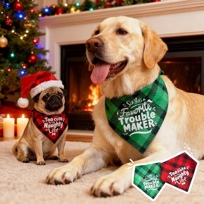 Christmas Dog Bandanas Naughty & Nice List Print - Santa's Favorite Trouble Maker - Pet Holiday Scarf Costume Gift, Green Plaid, Medium & Large Breed, 25-75lbs