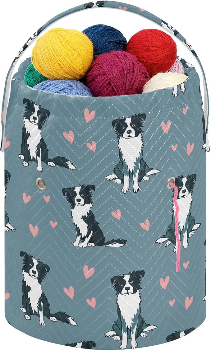 Fustylead Cute Border Collie Dog and Pink Hearts Crochet Drawstring Organizer, Large Yarn Bag Storage Tote Basket for Crocheting On The Go, Kit Holder, Gift for Knitter, Crochet Beginner