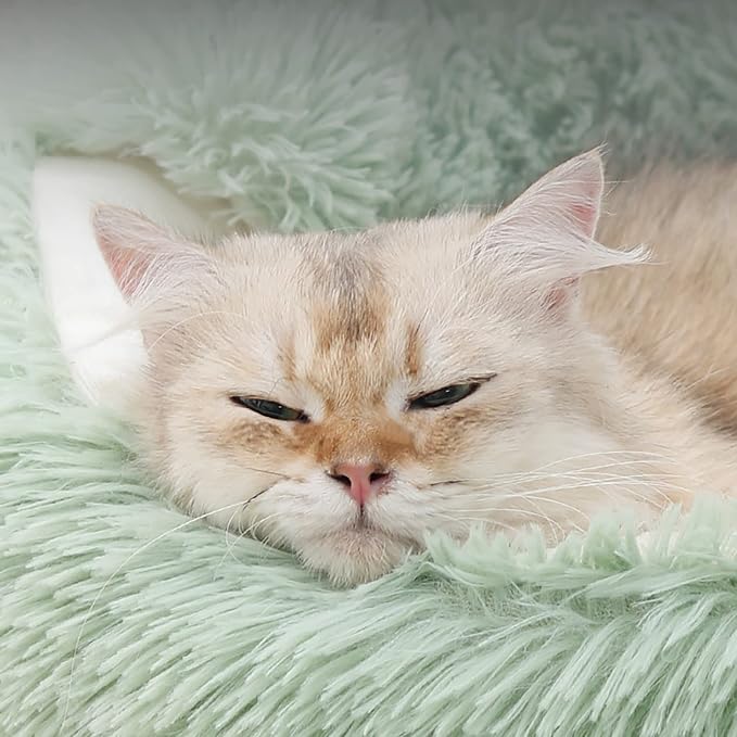 15.8'' Soft Round Plush Faux Fur Pet Bed for Cats or Small Dogs, Anti-Anxiety Cat Bed Puppy Bed, Washable Fluffy Anti-Slip Mute Base, Soft Pet Round Bed, Snooze Sleeping Cozy Kitty Kennel